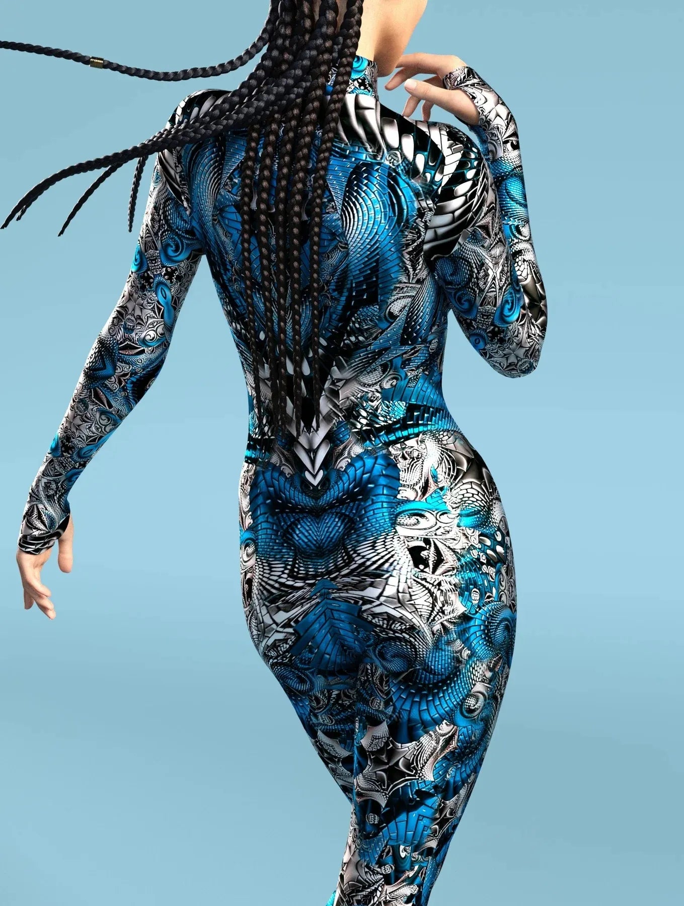 Blue & Silver Fractal Hypnotic Bodysuit - Rainbow Fractal Skinny Jumpsuit Wear Onesie Doof Costume Elastic Bodysuits Rave Rompers - DITCHWORLD