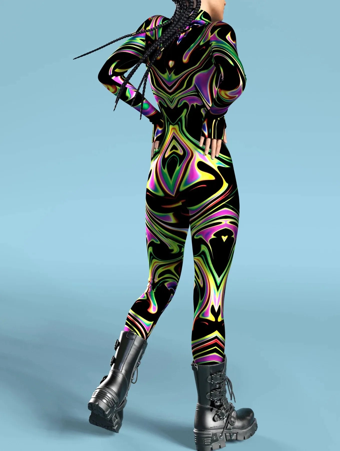 Trippy Tribal-Fractal Bodysuit - Green & Purple - Skinny Jumpsuit Wear Onesie Doof Costume Elastic Bodysuits Rave Rompers - DITCHWORLD