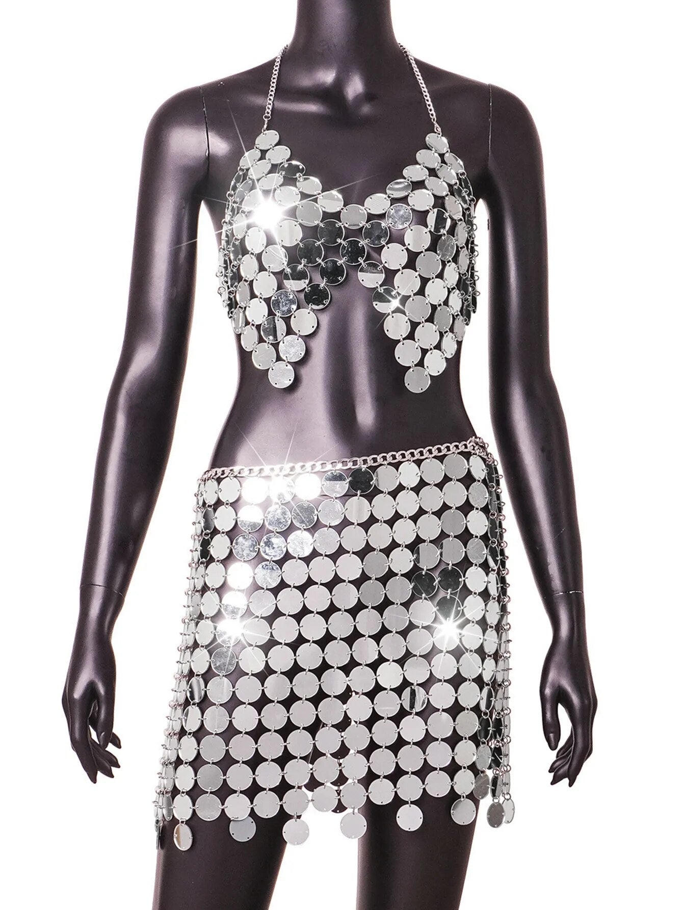 Mirror metal sequin dress glitter shine club doof rave festival party dress backless two-piece set - DITCHWORLD