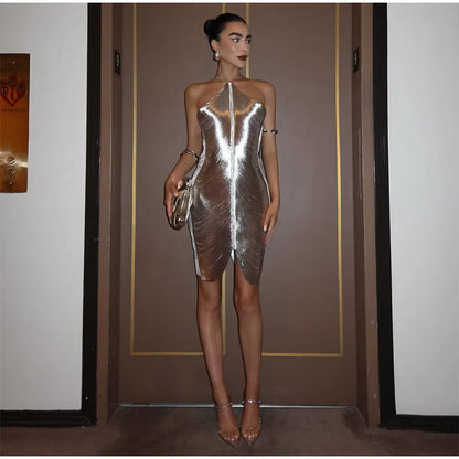 Silver Metallic Halter Mini Dress For Women Female Sleeveless Backless Sliming Vestidos Ladies Party Club Evening Gown