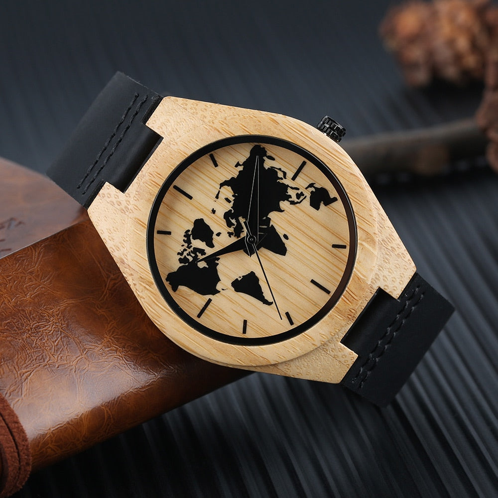 World Map BAMBOO Watch Clock Retro Quartz Wristwatch Brown Leather Band Scale Dial time illusion - DITCHWORLD