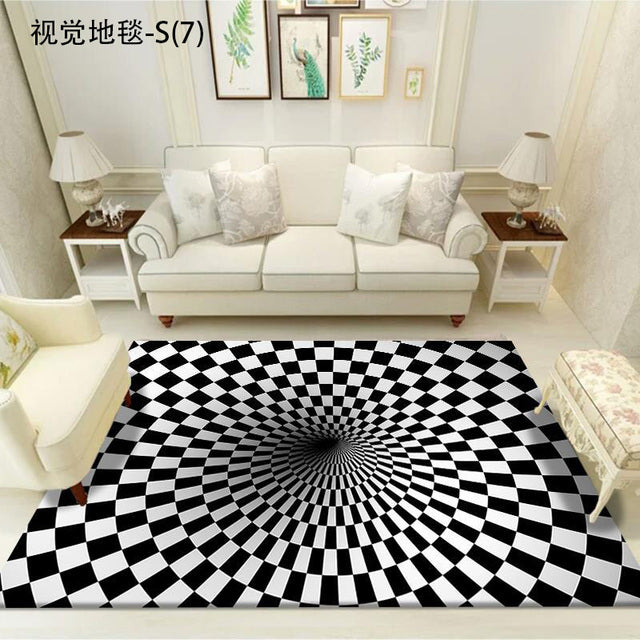 Vortex Illusion Rug 3D Trap Effect Bottomless Hole Carpet Geometric Black White - Anti Slip Floor Mats - DITCHWORLD