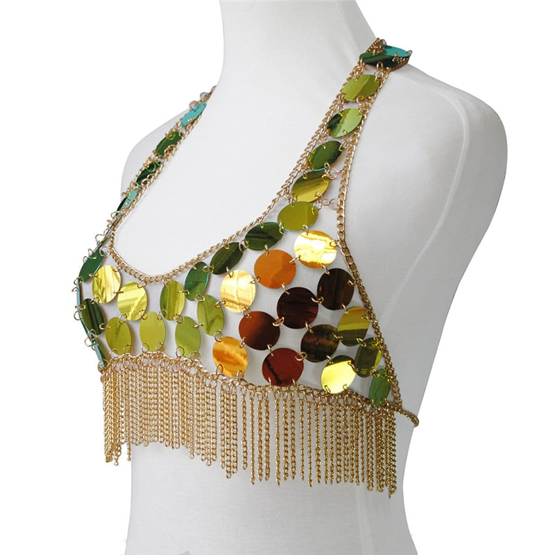 Circle Sequins Backless Camis - Metal Chain Crop Top and Skirt - Rave Festival Doof