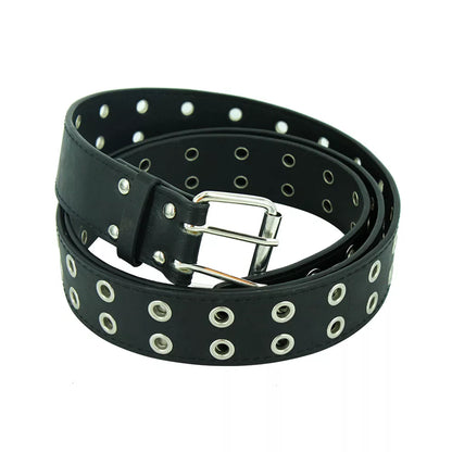 Chain Belt Adjustable Black DoubleSingle Eyelet Grommet Metal Buckle Leather Waistband