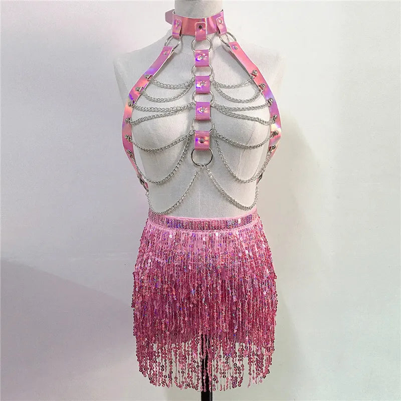 Punk Gothic Nightclub 2 Piece Set Holographic PU Harness Metal Chain Tops + Sequins Fringe Skirt Rave Party Festival Outfits