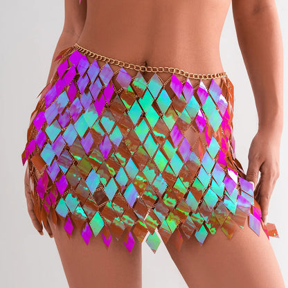 Diamond Shaped Sequins Two-Piece Chainmail Skirt Set Sexy Summer Bra Top Belly Waist Skirt Chains for Women and Girls