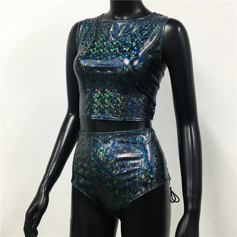 Holographic Reflect Festival Rave Outfits Sleeveless Tank Tops Super Shorts Pant Nightclub Carnival Party Women 2 Piece Sets