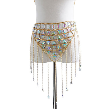 Crystal Sequin Women 2 Piece Set Festival Outfits Handmade Patchwork Metal Tassel Chain Crop Top Skirt Women Set