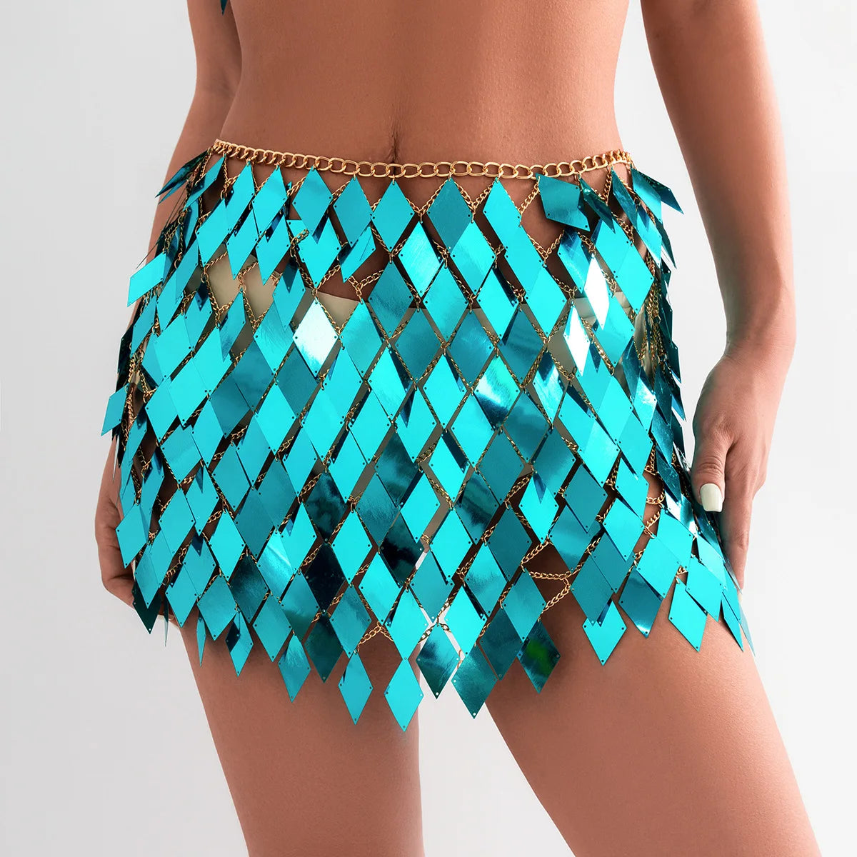 Diamond Shaped Sequins Two-Piece Chainmail Skirt Set Sexy Summer Bra Top Belly Waist Skirt Chains for Women and Girls