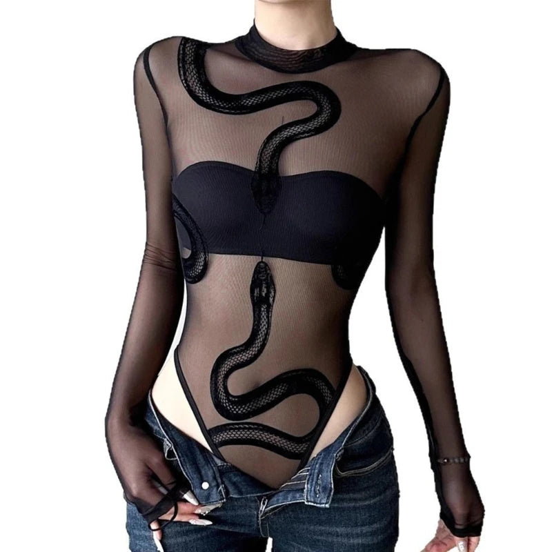 Womens Snake Mesh Leotards - Long Sleeve Bodysuit Round Neck Sheer Clothing  Bodysuit