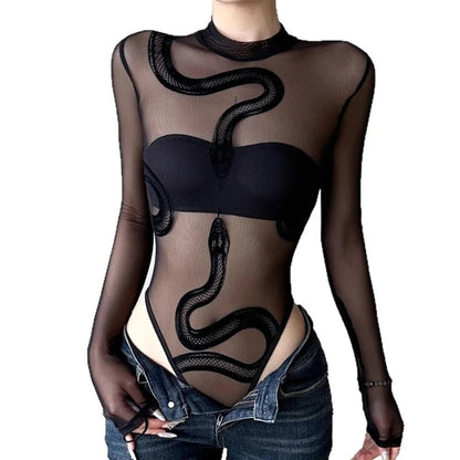 Womens Snake Mesh Leotards - Long Sleeve Bodysuit Round Neck Sheer Clothing  Bodysuit