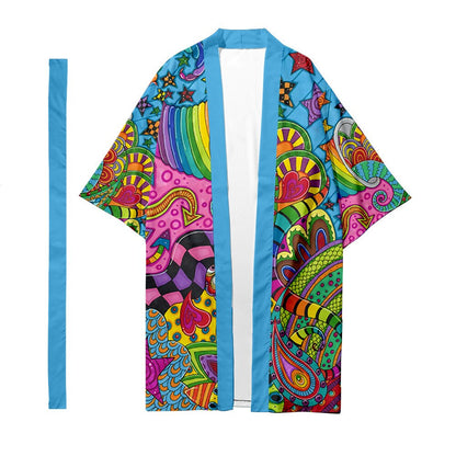 Men's Japanese Long Kimono Cardigan Men's Samurai Clothing Kimono Psychedelic Pattern Kimono Shirt Yukata Jacket