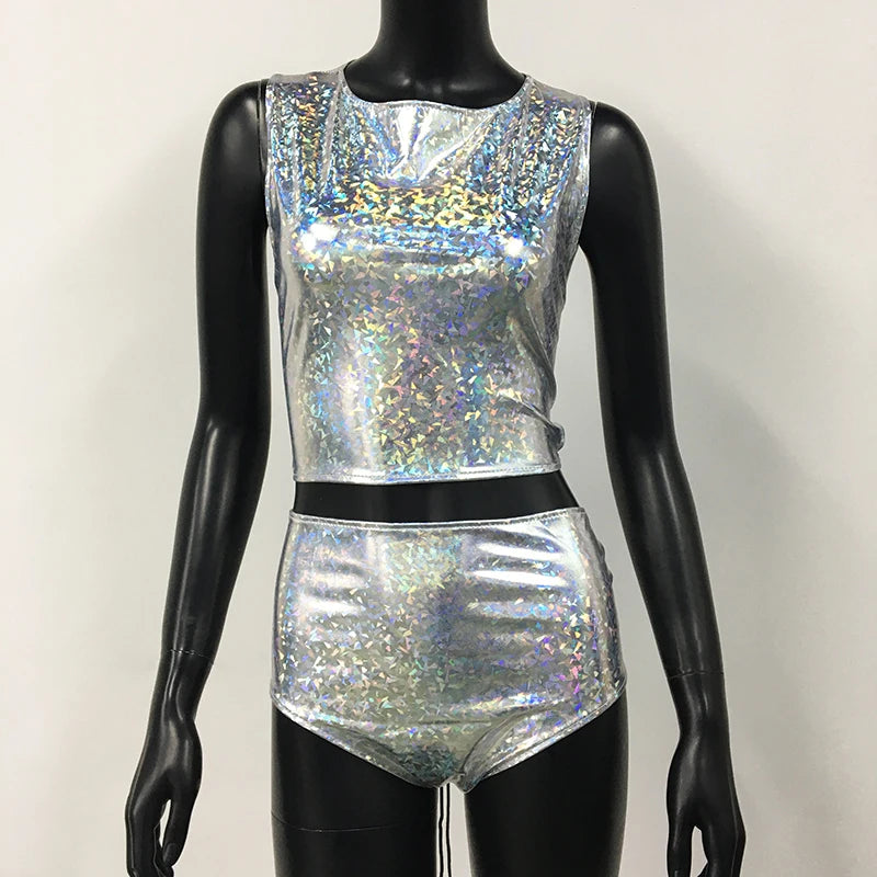 Holographic Reflect Festival Rave Outfits Sleeveless Tank Tops Super Shorts Pant Nightclub Carnival Party Women 2 Piece Sets