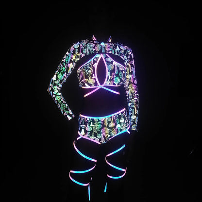 UV glowing Reflective Outfit Set Bandage Shorts+Bra+Crop Top Techwear Clothing club festival