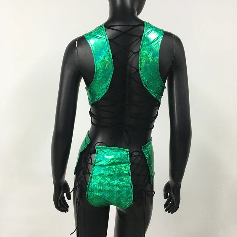 Holographic Reflect Festival Rave Outfits Sleeveless Tank Tops Super Shorts Pant Nightclub Carnival Party Women 2 Piece Sets