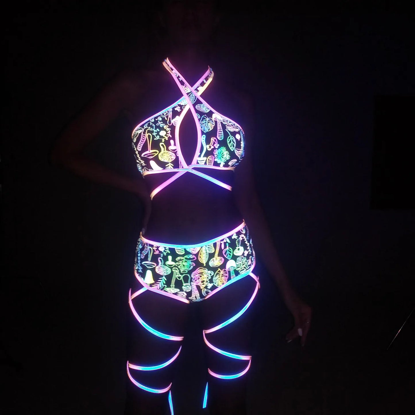 UV glowing Reflective Outfit Set Bandage Shorts+Bra+Crop Top Techwear Clothing club festival