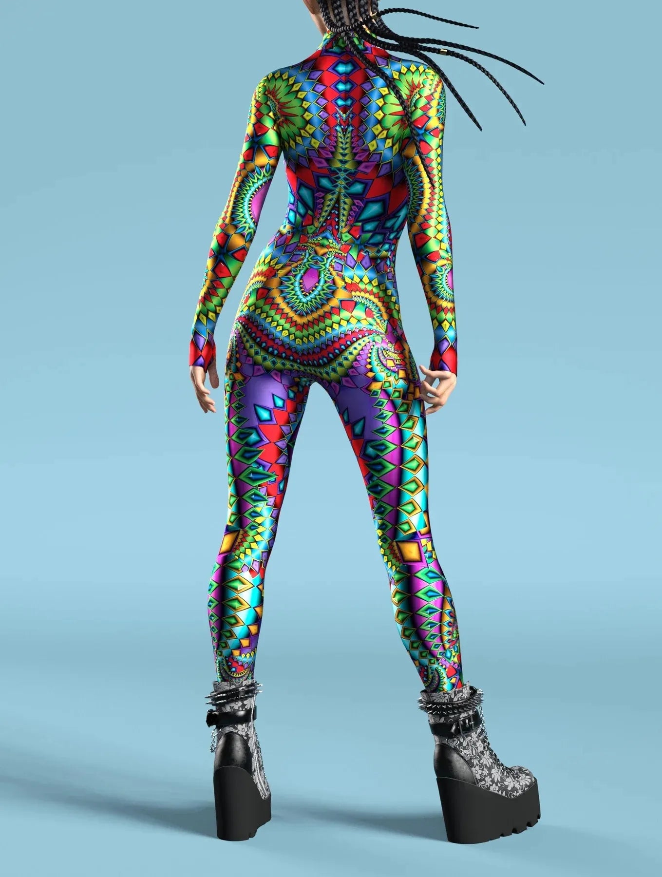 Multicolour Hypnotic Bodysuit - Rainbow Fractal Skinny Jumpsuit Wear Onesie Doof Costume Elastic Bodysuits Rave Rompers - DITCHWORLD
