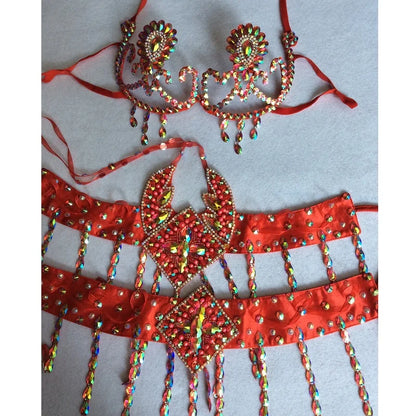 2 Piece Belly Dance Performance Bra Belt Beads Skirt