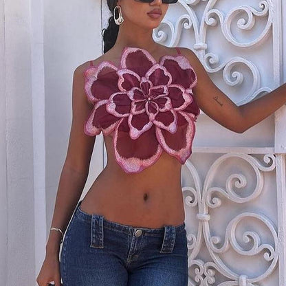 Floral Crop top Vest Ladies Fashion Sleeveless Backless Lace Flower Casual Party Streetwear Summer Y2K Festival