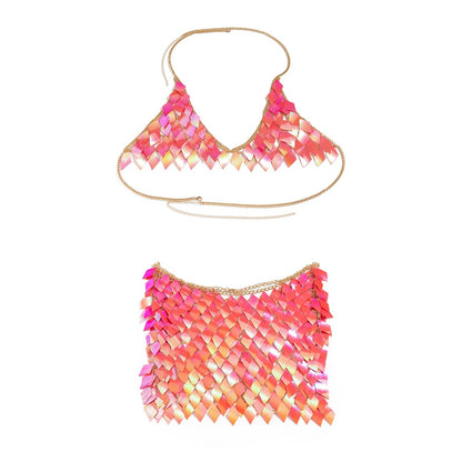 Pinkish Orange Reflective Top Bikini - Sequin Fish Scales Chain Nightclub Rave Doof Festival wear - DITCHWORLD