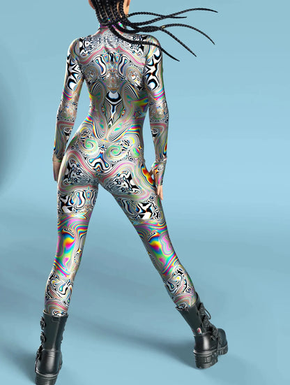 Opalescent Oil Spill Hypnotic Bodysuit - Skinny Jumpsuit Wear Onesie Doof Costume Elastic Bodysuits Rave Rompers - DITCHWORLD