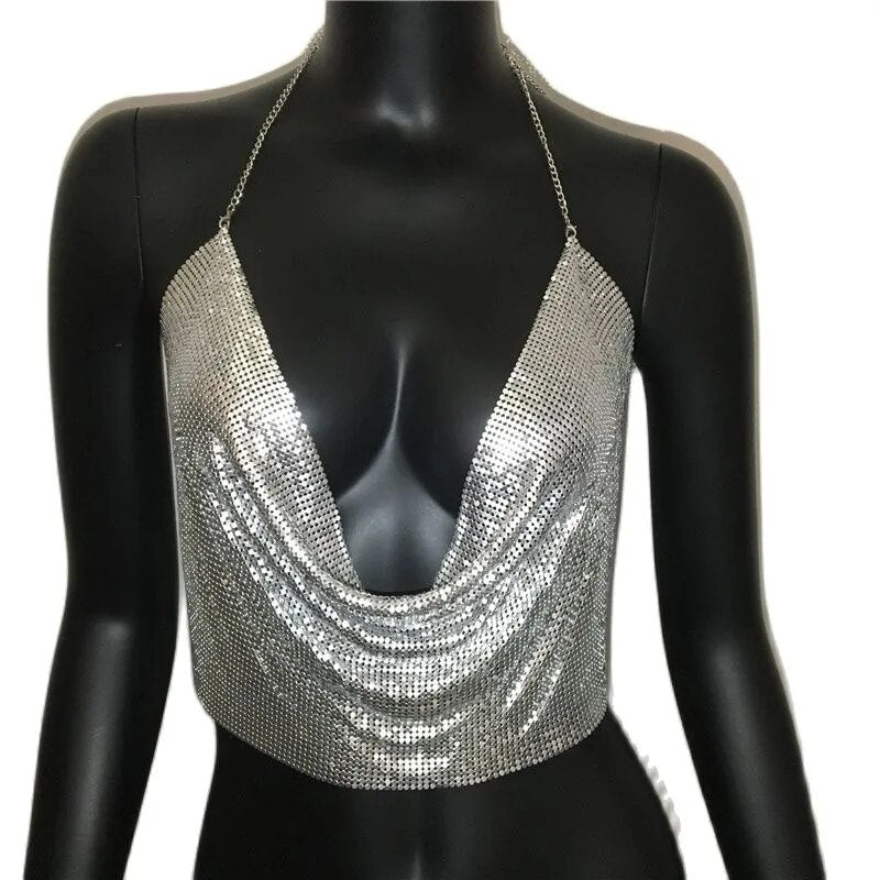 Mirror Sequinned Tank Camis Summer Gold / Silver Backless Cropped Glitter Show Wear Tank Top - DITCHWORLD