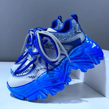Blue Sparkly High top Platform Sneakers Rhinestone Diamond Women's Shoes Joggers