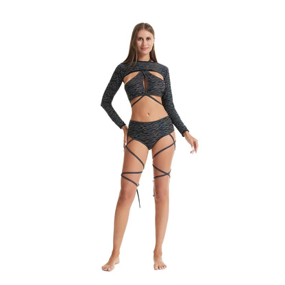 UV glowing Reflective Outfit Set Bandage Shorts+Bra+Crop Top Techwear Clothing club festival