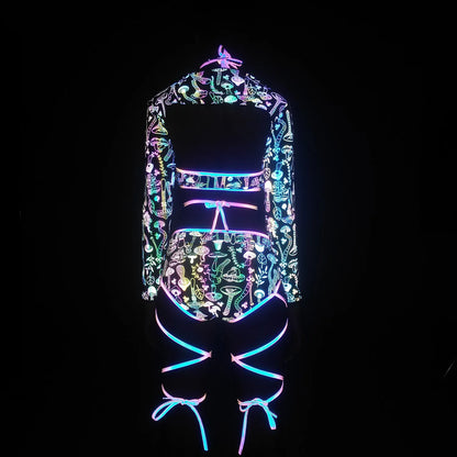 UV glowing Reflective Outfit Set Bandage Shorts+Bra+Crop Top Techwear Clothing club festival