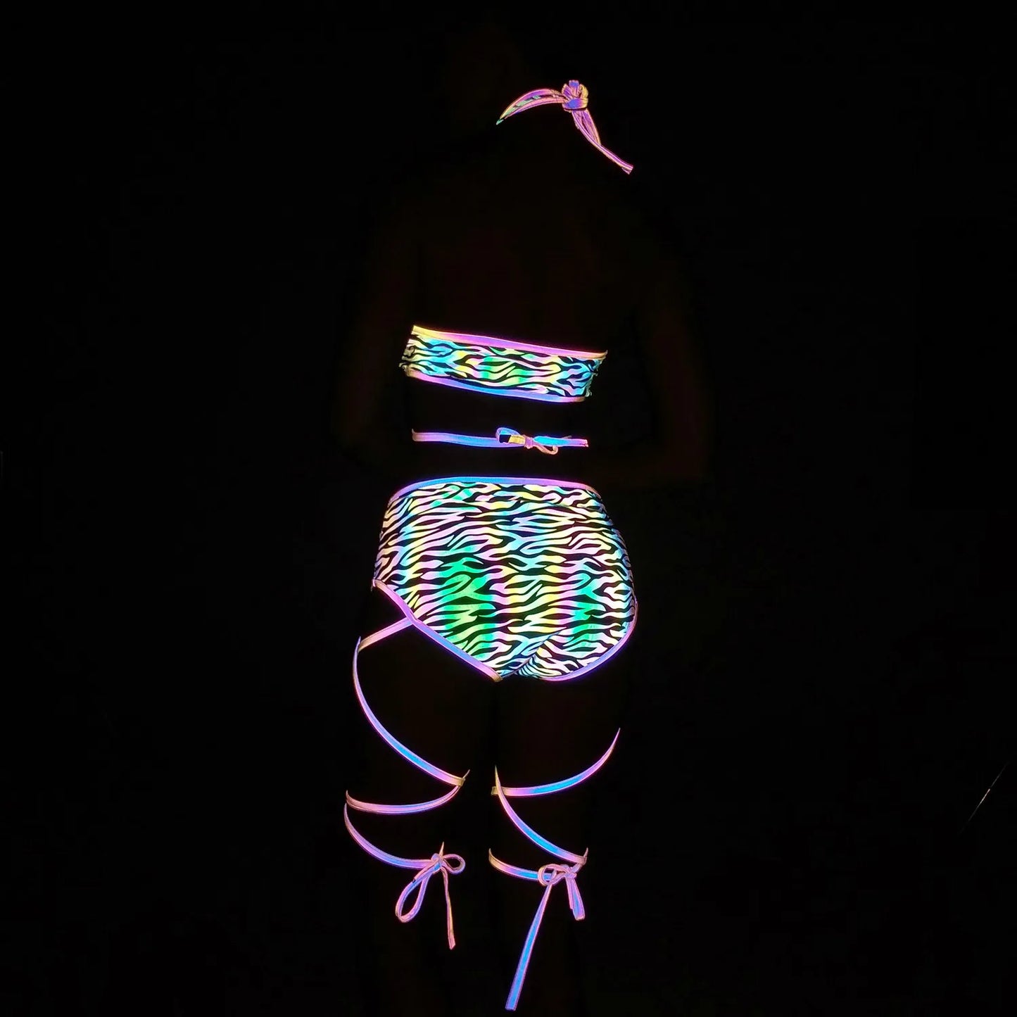 UV glowing Reflective Outfit Set Bandage Shorts+Bra+Crop Top Techwear Clothing club festival