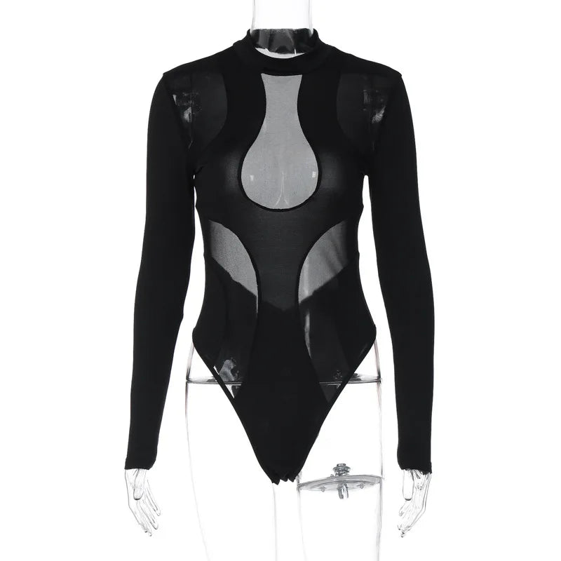 Black Hollow Out Bodysuit Mesh Patchwork Solid Full Sleeve Tate McRae style Jumpsuit for Women