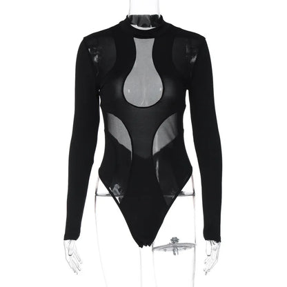 Black Hollow Out Bodysuit Mesh Patchwork Solid Full Sleeve Tate McRae style Jumpsuit for Women