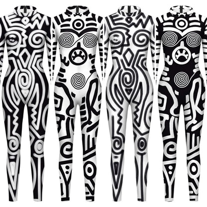 Women Men black/white Punk Robot Abstract Art Geometry 3D Printed Jumpsuit Adults Halloween Cosplay Costume for Dancing Party Dress Up festival sets