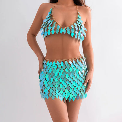 Diamond Shaped Sequins Two-Piece Chainmail Skirt Set Sexy Summer Bra Top Belly Waist Skirt Chains for Women and Girls