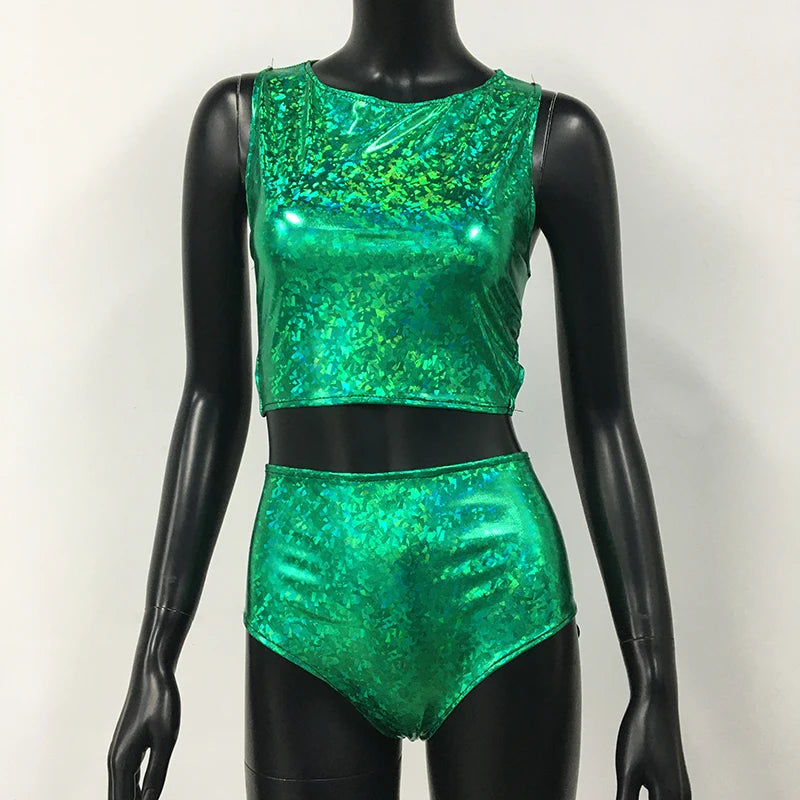 Holographic Reflect Festival Rave Outfits Sleeveless Tank Tops Super Shorts Pant Nightclub Carnival Party Women 2 Piece Sets