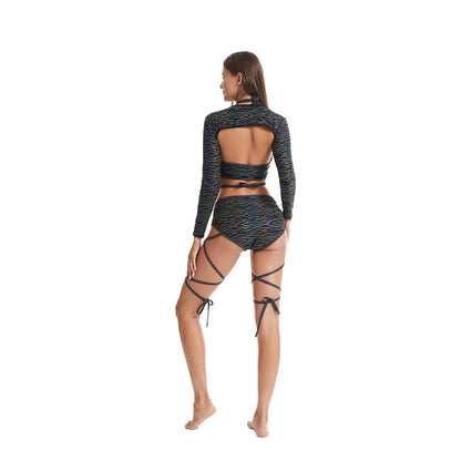 UV glowing Reflective Outfit Set Bandage Shorts+Bra+Crop Top Techwear Clothing club festival