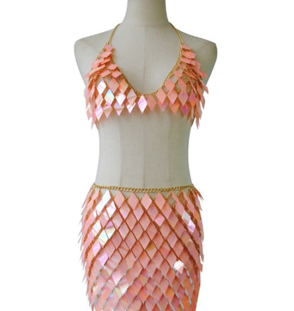 Two Piece Set Metal Chain Crop Top & Bottom - Glisten Rhombic Sequins Sexy Mini Skirt Summer Rave Festival Outfits (More colours!)