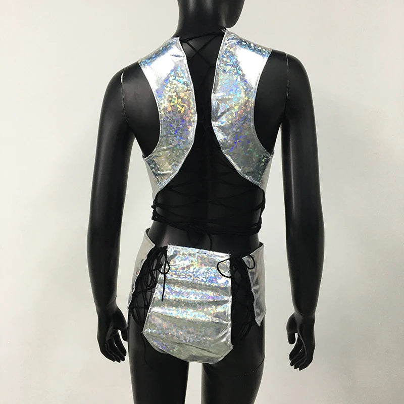 Holographic Reflect Festival Rave Outfits Sleeveless Tank Tops Super Shorts Pant Nightclub Carnival Party Women 2 Piece Sets