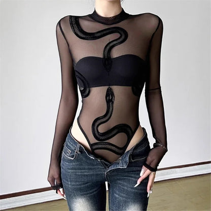 Womens Snake Mesh Leotards - Long Sleeve Bodysuit Round Neck Sheer Clothing  Bodysuit