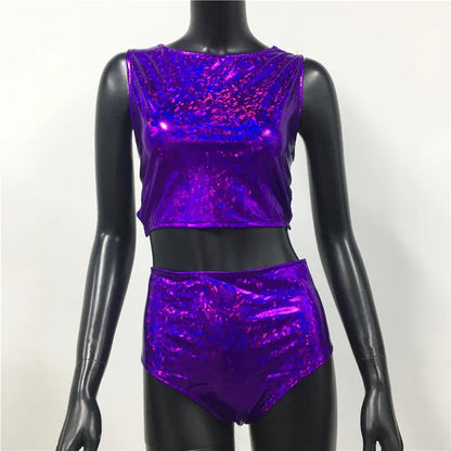 Holographic Reflect Festival Rave Outfits Sleeveless Tank Tops Super Shorts Pant Nightclub Carnival Party Women 2 Piece Sets