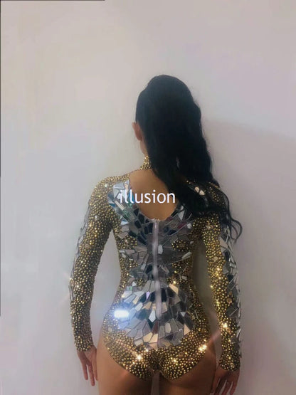 Shining Gold Rhinestones Mirrors Bodysuit Women's Birthday Celebrate Party Outfit DS Bar Singer Dancer Show Performance Costume