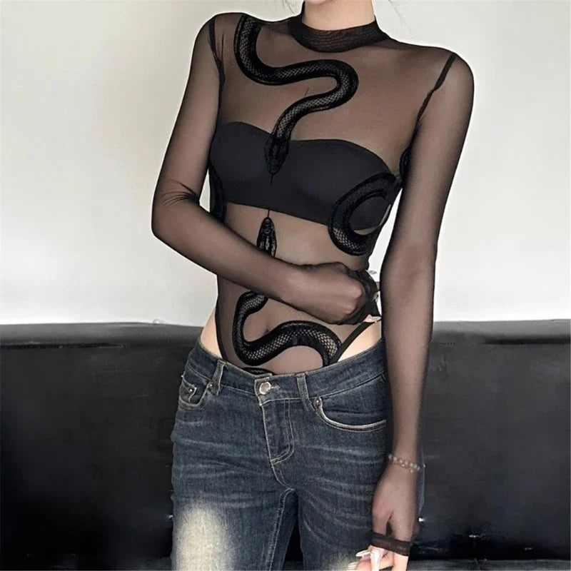 Womens Snake Mesh Leotards - Long Sleeve Bodysuit Round Neck Sheer Clothing  Bodysuit