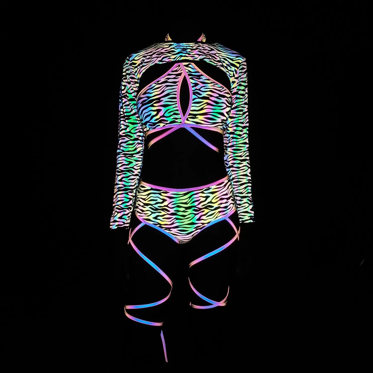 UV glowing Reflective Outfit Set Bandage Shorts+Bra+Crop Top Techwear Clothing club festival