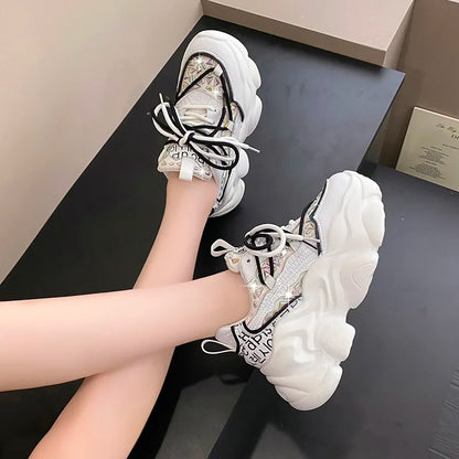 Women Shadow Bling Sneakers - Comfortable Platform Wedges Trainers Trend Chunky Matching Multi-laces Running Sport joggers