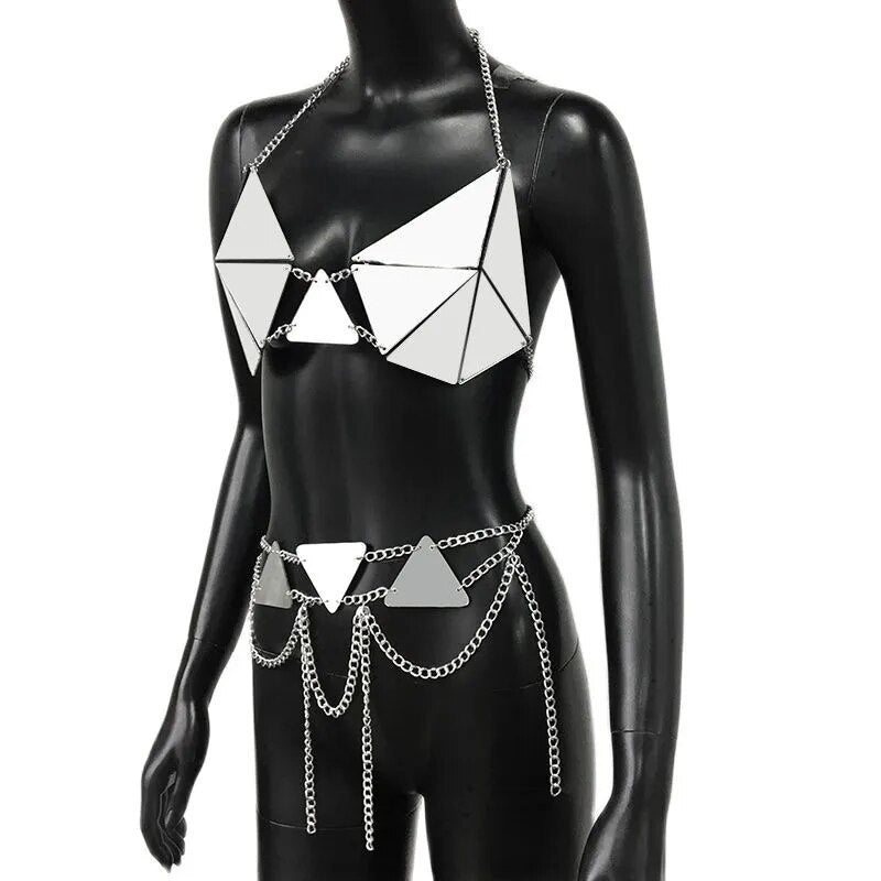 Triangular Prism Bikini 2 Piece Set - Rave Festival Outfits Handmade Patchwork Metal Chain Backless Crop Top Set - DITCHWORLD