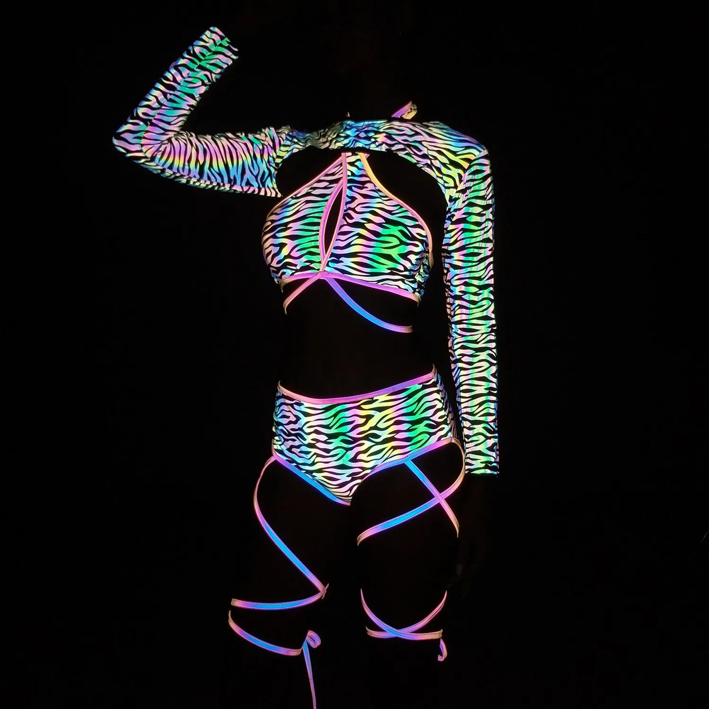 UV glowing Reflective Outfit Set Bandage Shorts+Bra+Crop Top Techwear Clothing club festival