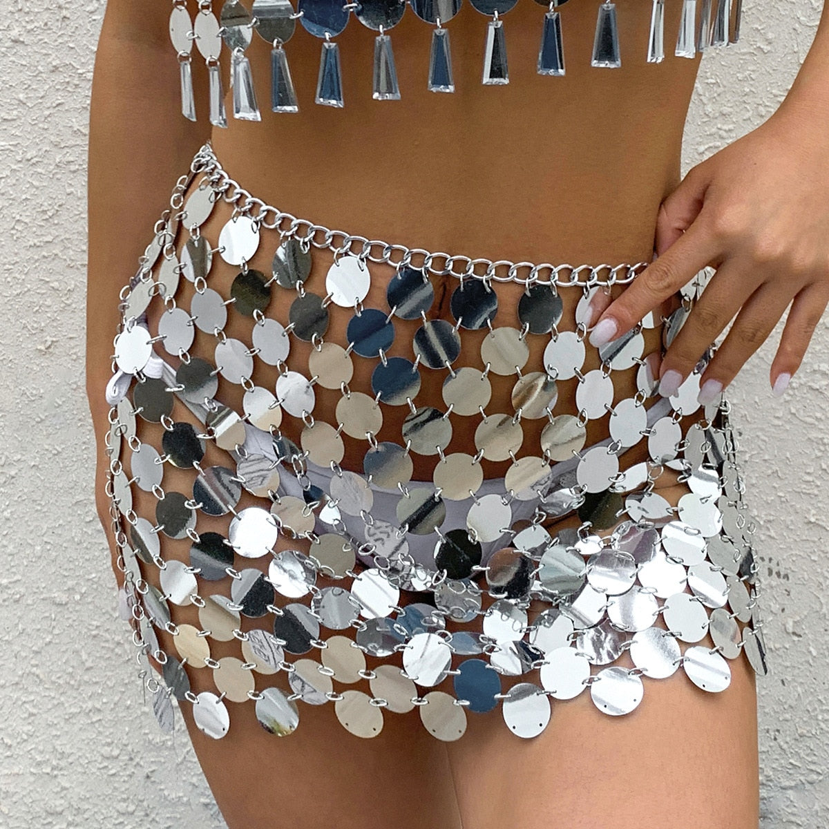Shiny Sequins Two Piece Set Halter Backless Tank - Top & Skirt - DITCHWORLD