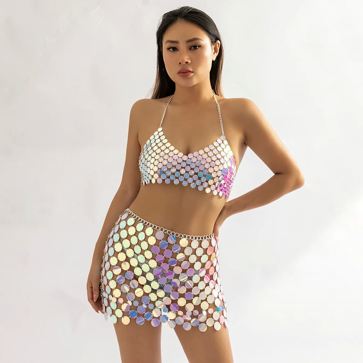 Sequin Reflective Two Piece Halter Set - Silver Chain Skirt Bikinis Bra Rave Doof Festival Nightclub Body *new* - DITCHWORLD