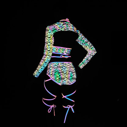 UV glowing Reflective Outfit Set Bandage Shorts+Bra+Crop Top Techwear Clothing club festival