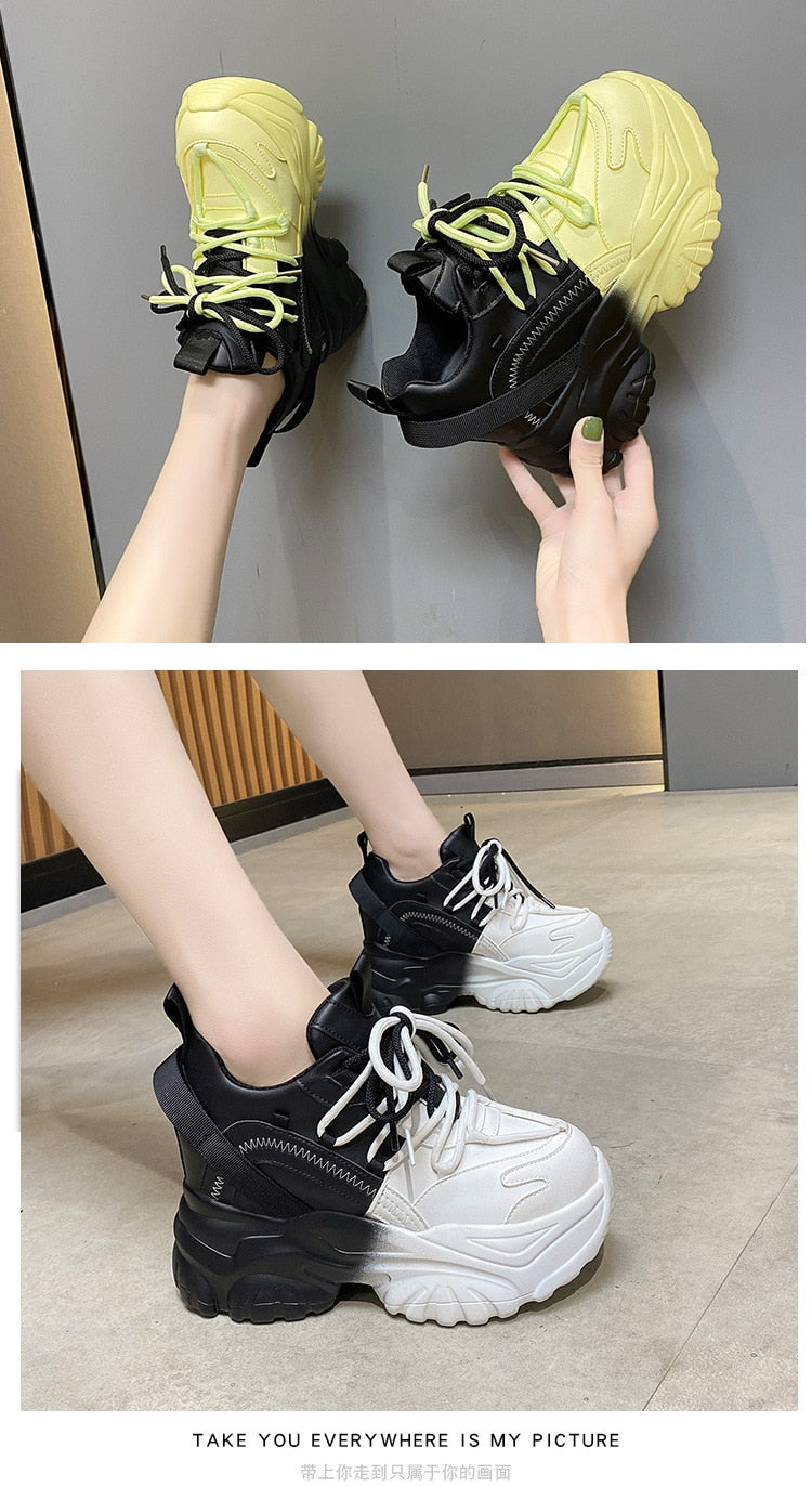 Shoes High Platform Chunky Sneakers Women Sports Tennis Sneakers - Black & Yellow - DITCHWORLD